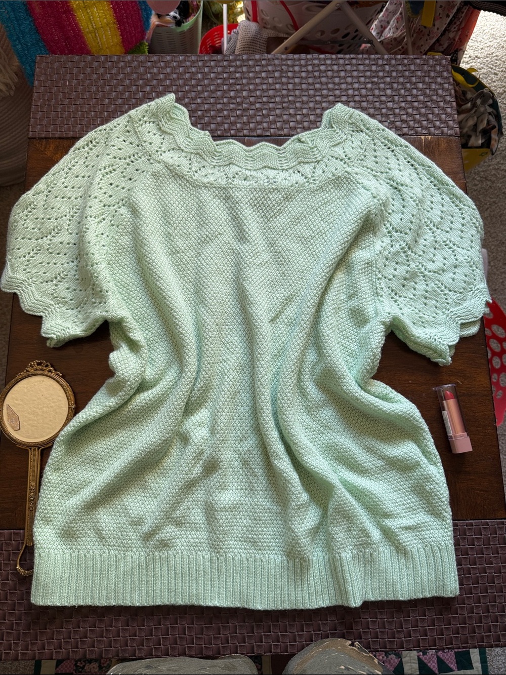 Vintage Mint Green Off-the-Shoulder Knit Sweater